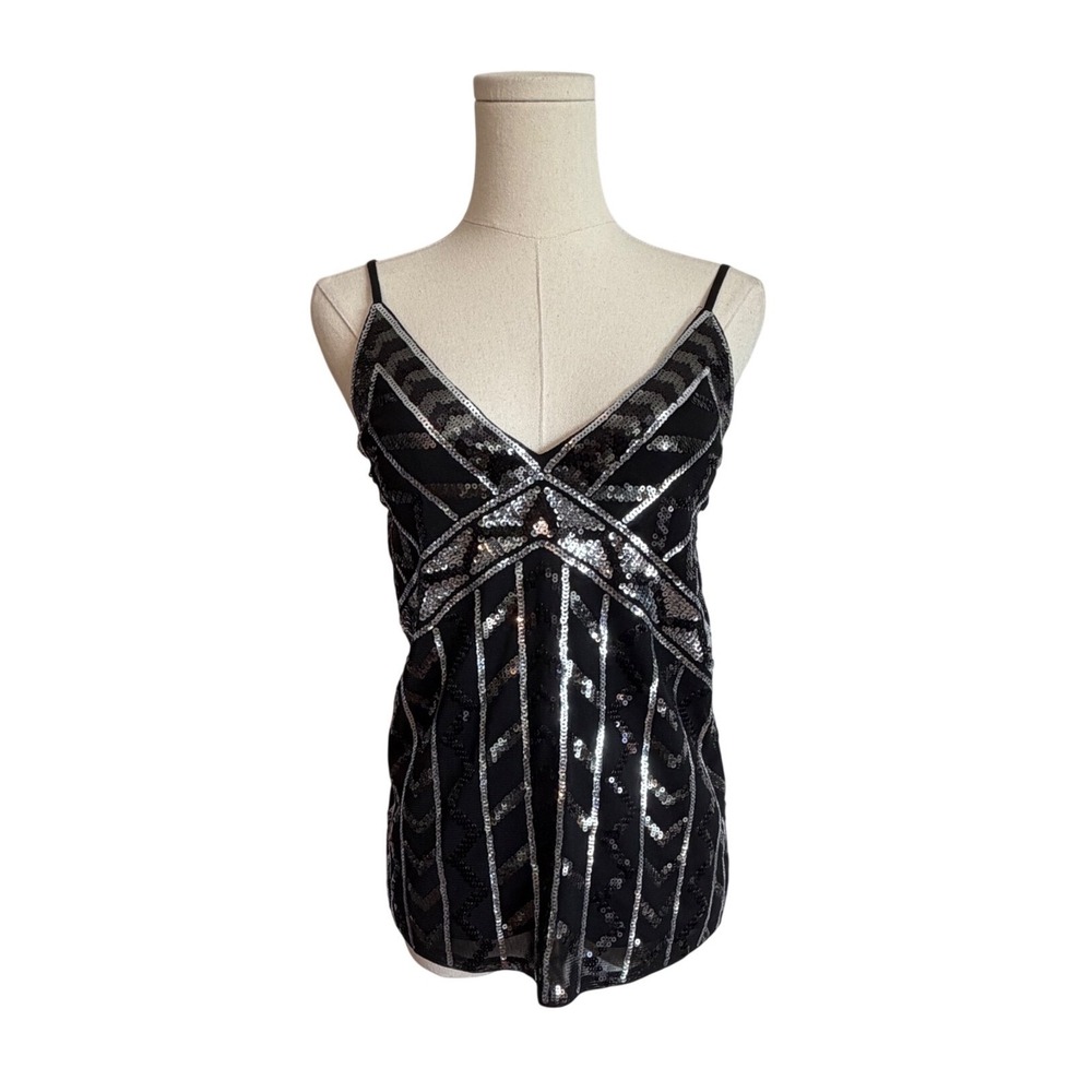 Express Womens‎ Black Silver Sequin Art Deco Cami V-Neck Tank Top XS
